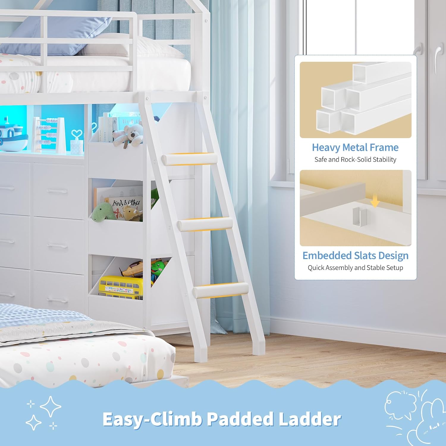 Floor Bunk Bed Twin Over Twin Size with 6 Storage Drawers, LED Lights, Open Storage Box, Safety Guardrail & Ladder
