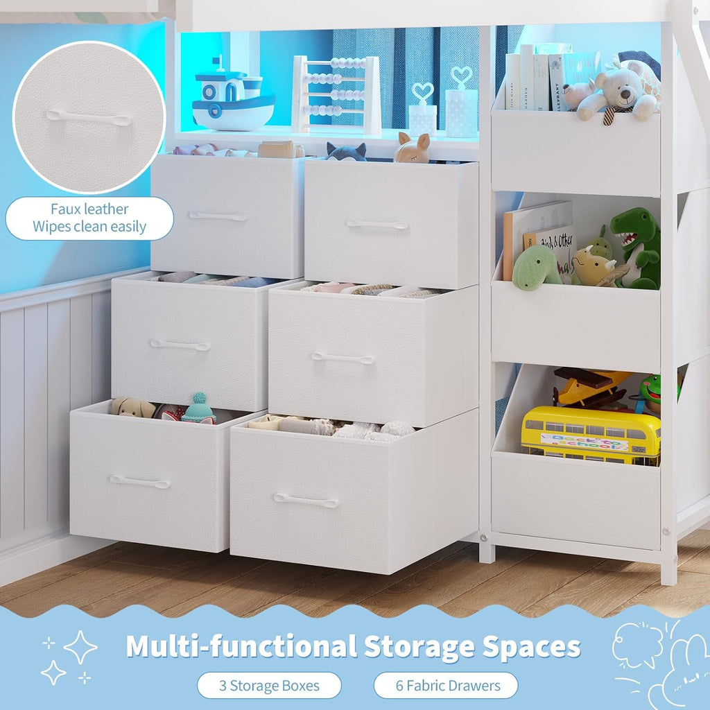 Floor Bunk Bed Twin Over Twin Size with 6 Storage Drawers, LED Lights, Open Storage Box, Safety Guardrail & Ladder