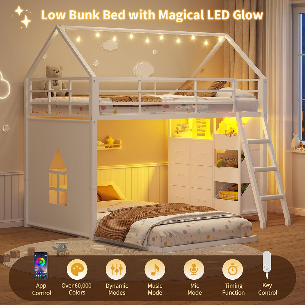 Floor Bunk Bed Twin Over Twin Size with 6 Storage Drawers, LED Lights, Open Storage Box, Safety Guardrail & Ladder