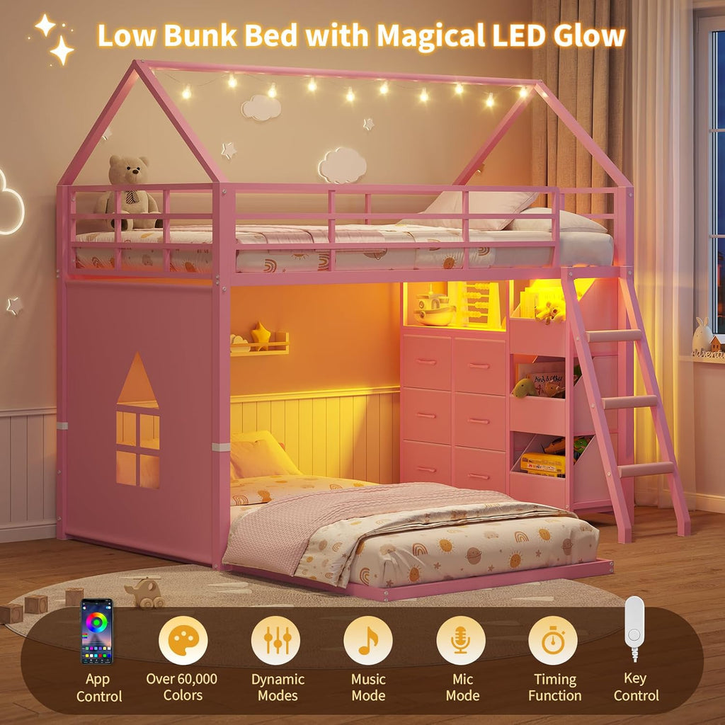 Floor Bunk Bed Twin Over Twin Size with 6 Storage Drawers, LED Lights, Open Storage Box, Safety Guardrail & Ladder