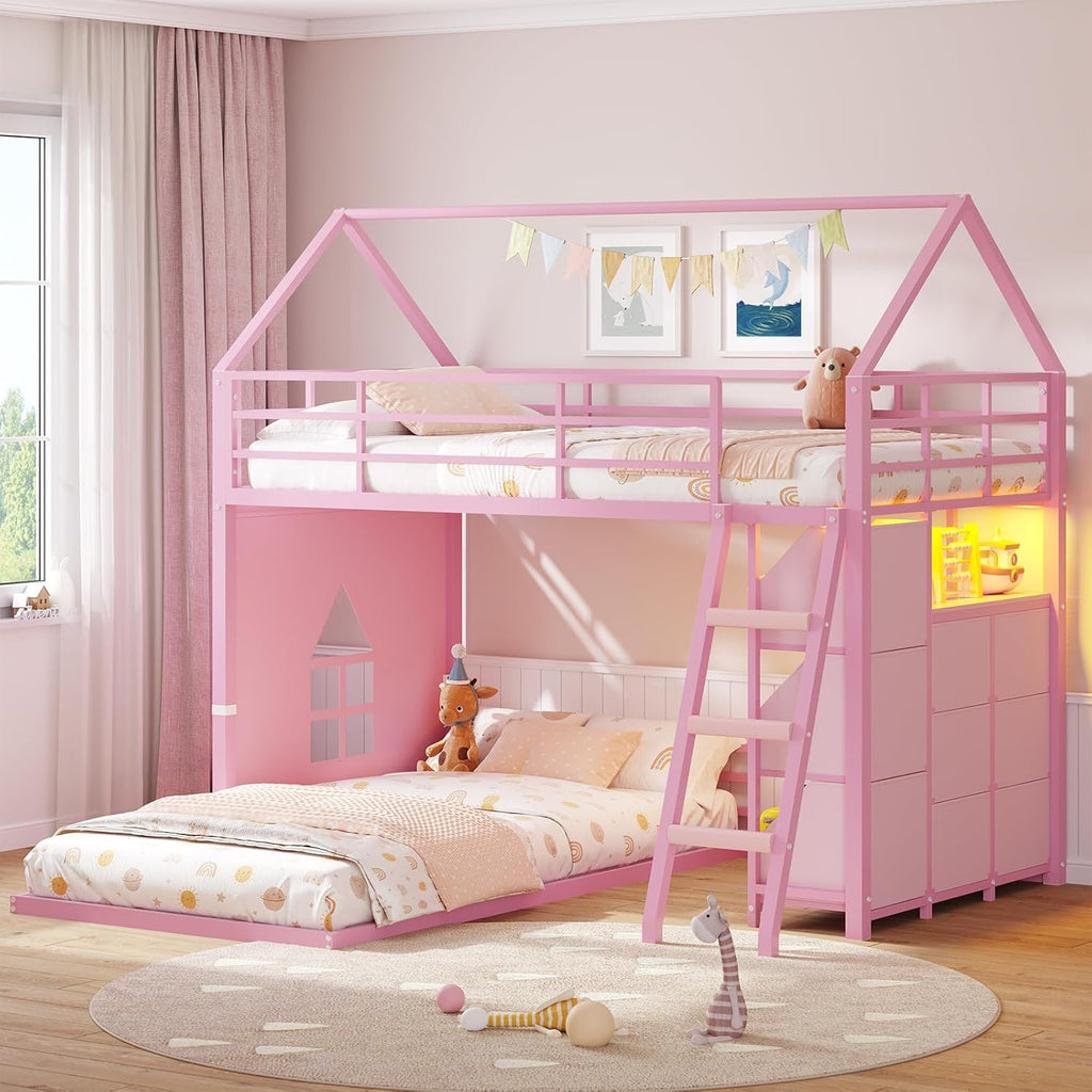 Floor Bunk Bed Twin Over Twin Size with 6 Storage Drawers, LED Lights, Open Storage Box, Safety Guardrail & Ladder