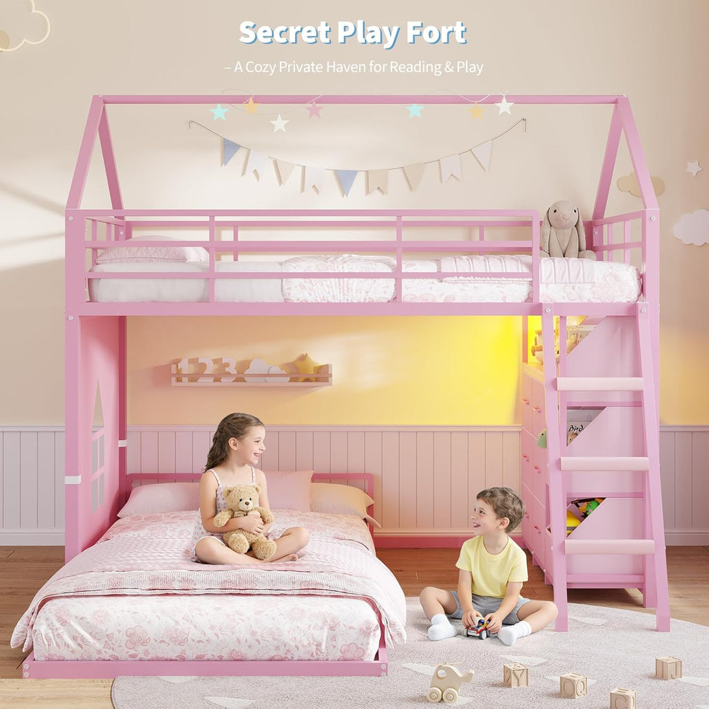 Floor Bunk Bed Twin Over Twin Size with 6 Storage Drawers, LED Lights, Open Storage Box, Safety Guardrail & Ladder