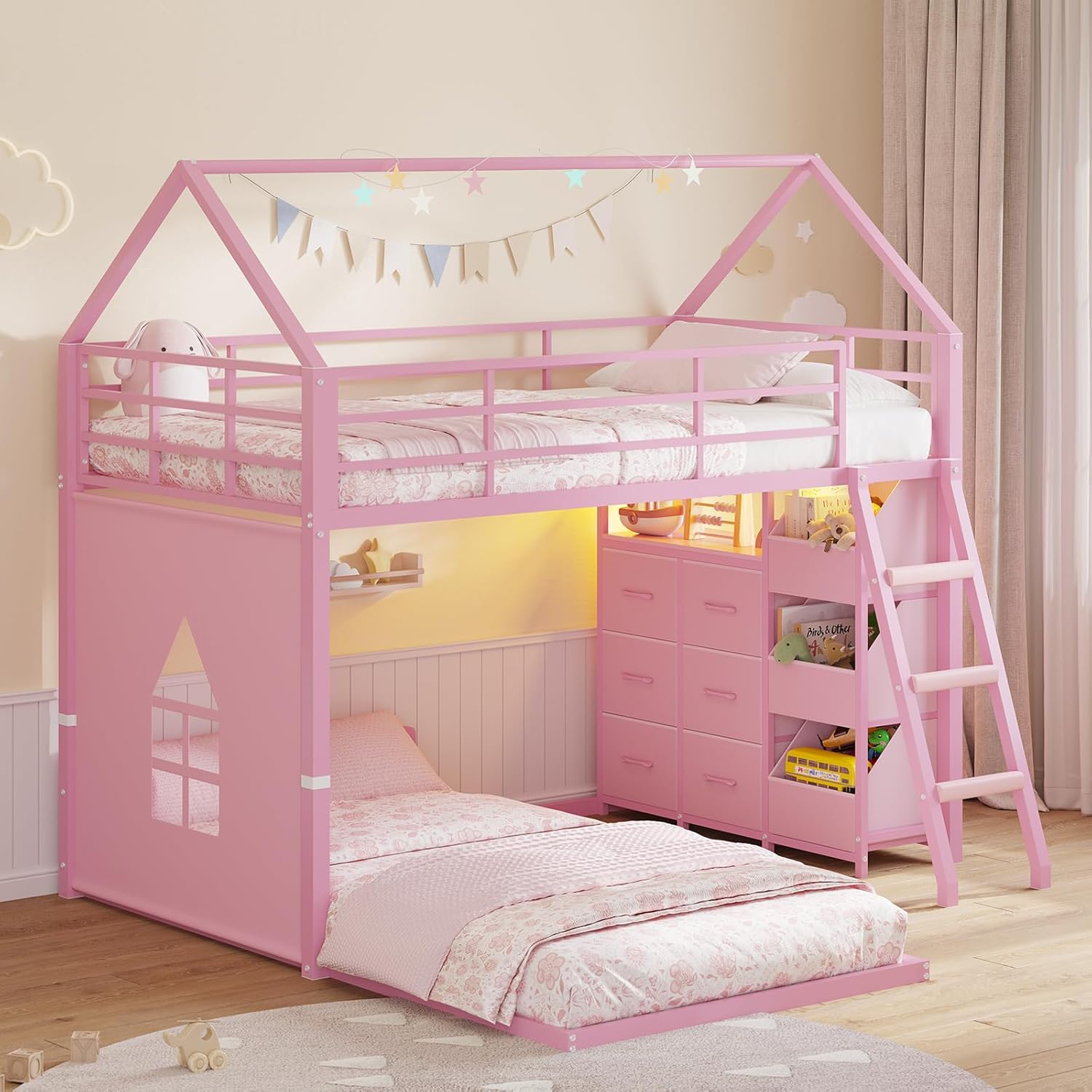 Floor Bunk Bed Twin Over Twin Size with 6 Storage Drawers, LED Lights, Open Storage Box, Safety Guardrail & Ladder