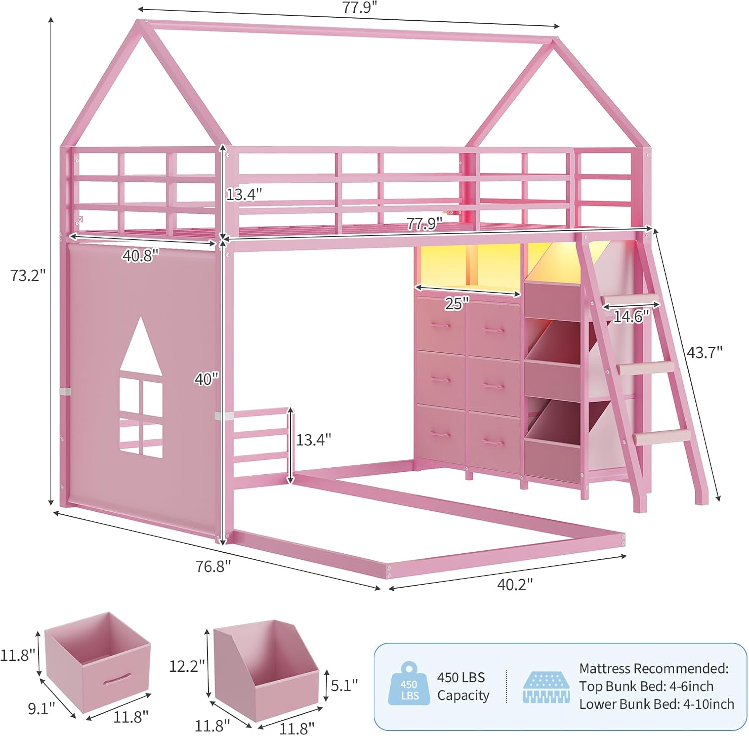 Floor Bunk Bed Twin Over Twin Size with 6 Storage Drawers, LED Lights, Open Storage Box, Safety Guardrail & Ladder