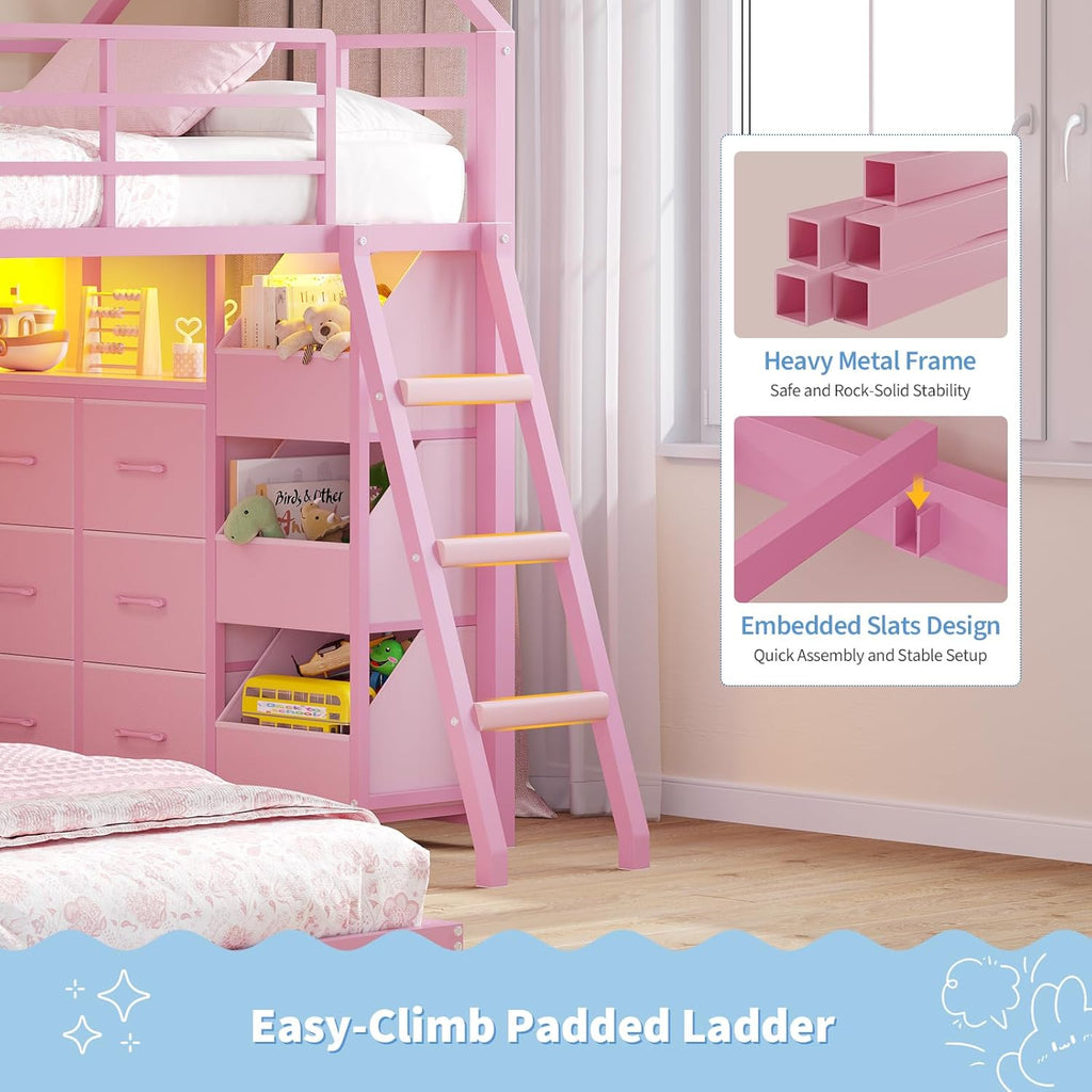 Floor Bunk Bed Twin Over Twin Size with 6 Storage Drawers, LED Lights, Open Storage Box, Safety Guardrail & Ladder