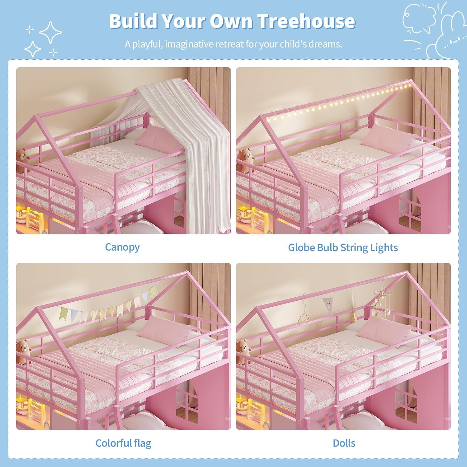 Floor Bunk Bed Twin Over Twin Size with 6 Storage Drawers, LED Lights, Open Storage Box, Safety Guardrail & Ladder
