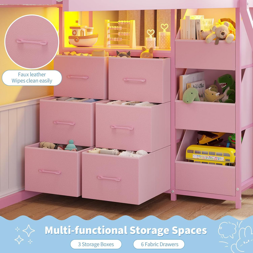 Floor Bunk Bed Twin Over Twin Size with 6 Storage Drawers, LED Lights, Open Storage Box, Safety Guardrail & Ladder