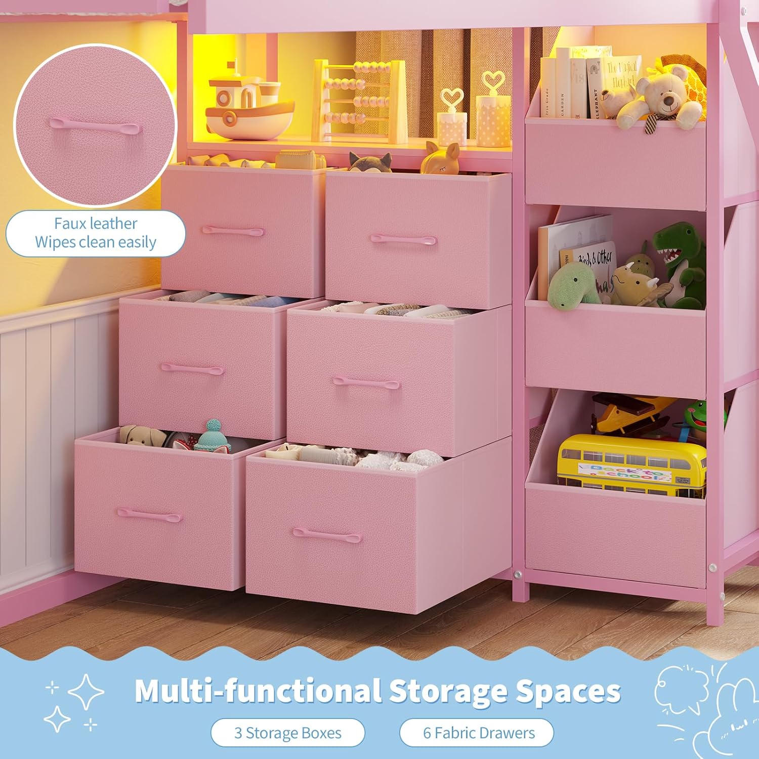 Floor Bunk Bed Twin Over Twin Size with 6 Storage Drawers, LED Lights, Open Storage Box, Safety Guardrail & Ladder