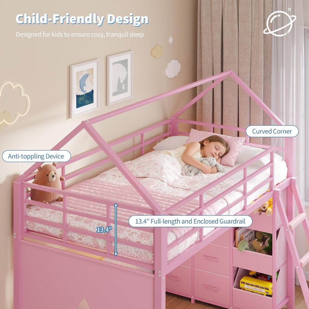 Floor Bunk Bed Twin Over Twin Size with 6 Storage Drawers, LED Lights, Open Storage Box, Safety Guardrail & Ladder