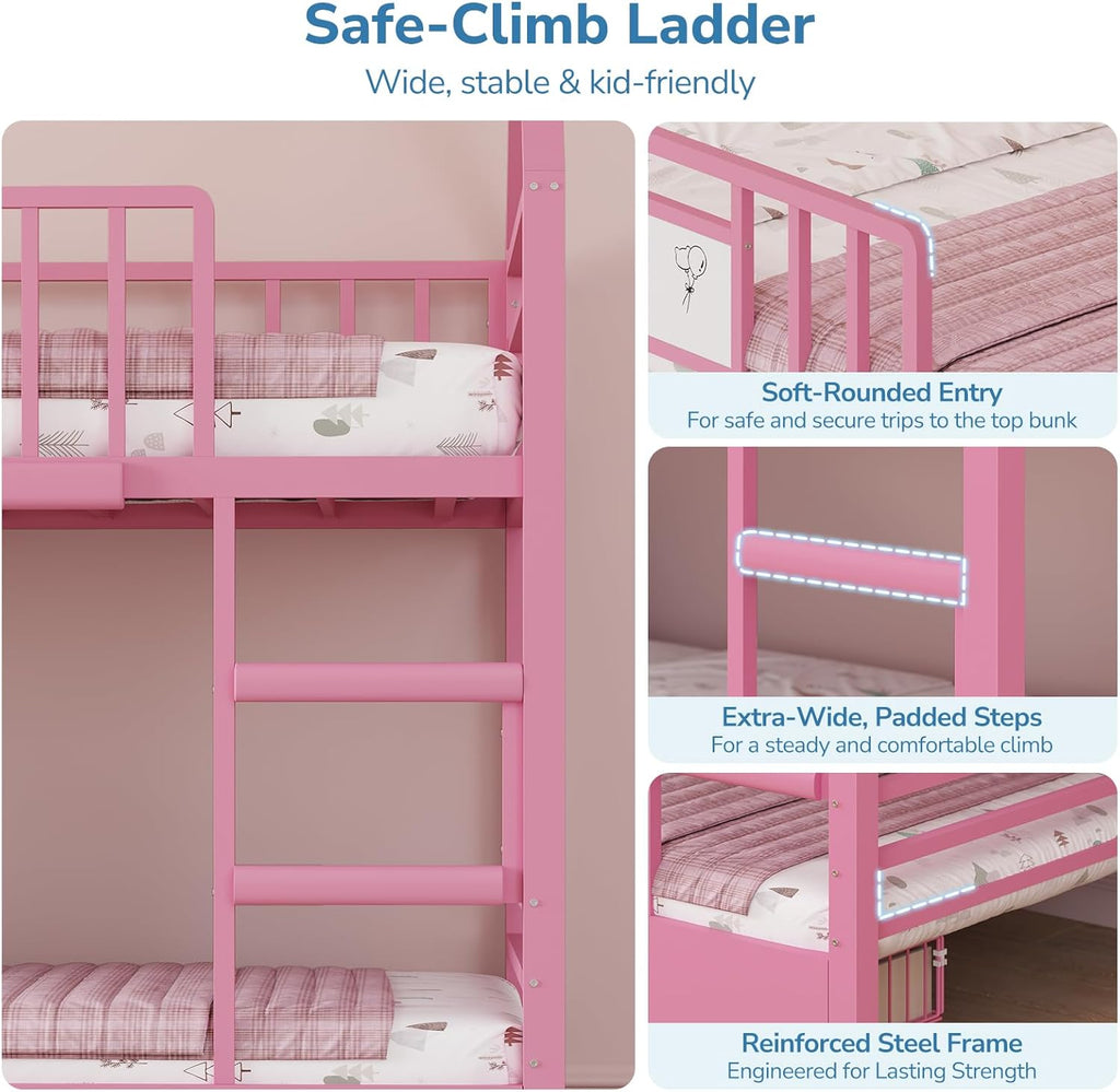 Twin Bunk Bed with Globe String Lights, 6 Storage Drawers, Charging Stations, Montessori Bookshelf, Open Shelf, Ladder and Guardrail