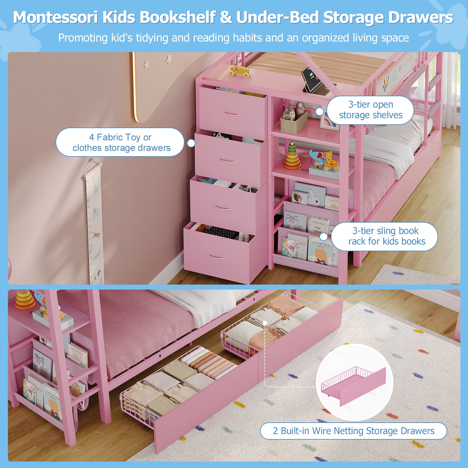 Twin Bunk Bed with Globe String Lights, 6 Storage Drawers, Charging Stations, Montessori Bookshelf, Open Shelf, Ladder and Guardrail