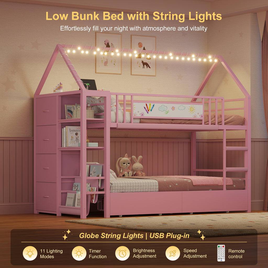 Twin Bunk Bed with Globe String Lights, 6 Storage Drawers, Charging Stations, Montessori Bookshelf, Open Shelf, Ladder and Guardrail