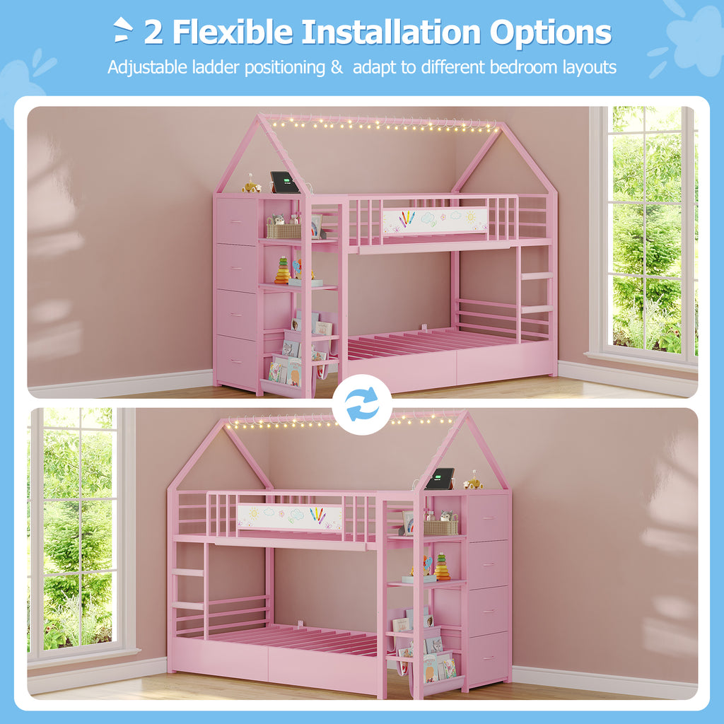 Twin Bunk Bed with Globe String Lights, 6 Storage Drawers, Charging Stations, Montessori Bookshelf, Open Shelf, Ladder and Guardrail