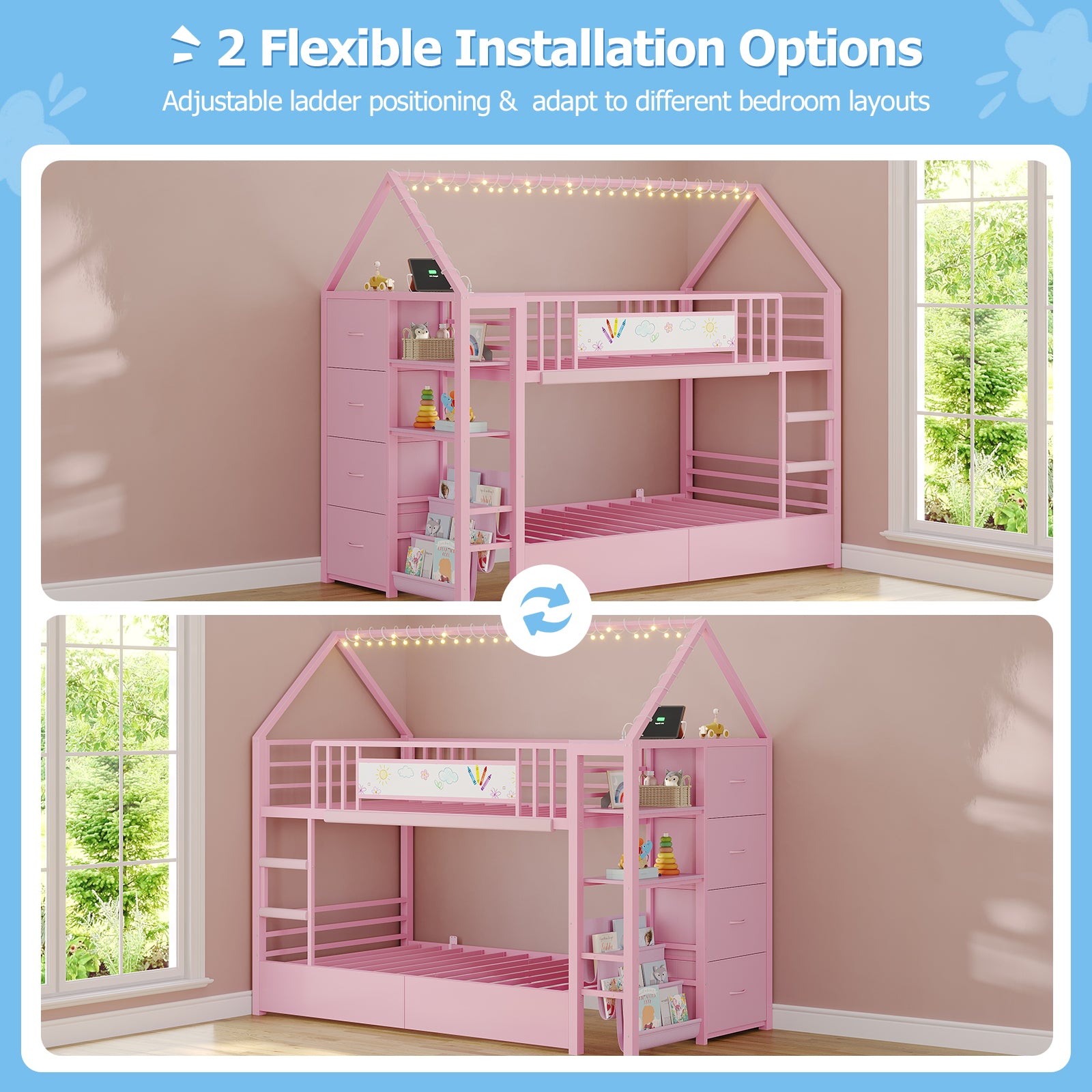 Twin Bunk Bed with Globe String Lights, 6 Storage Drawers, Charging Stations, Montessori Bookshelf, Open Shelf, Ladder and Guardrail
