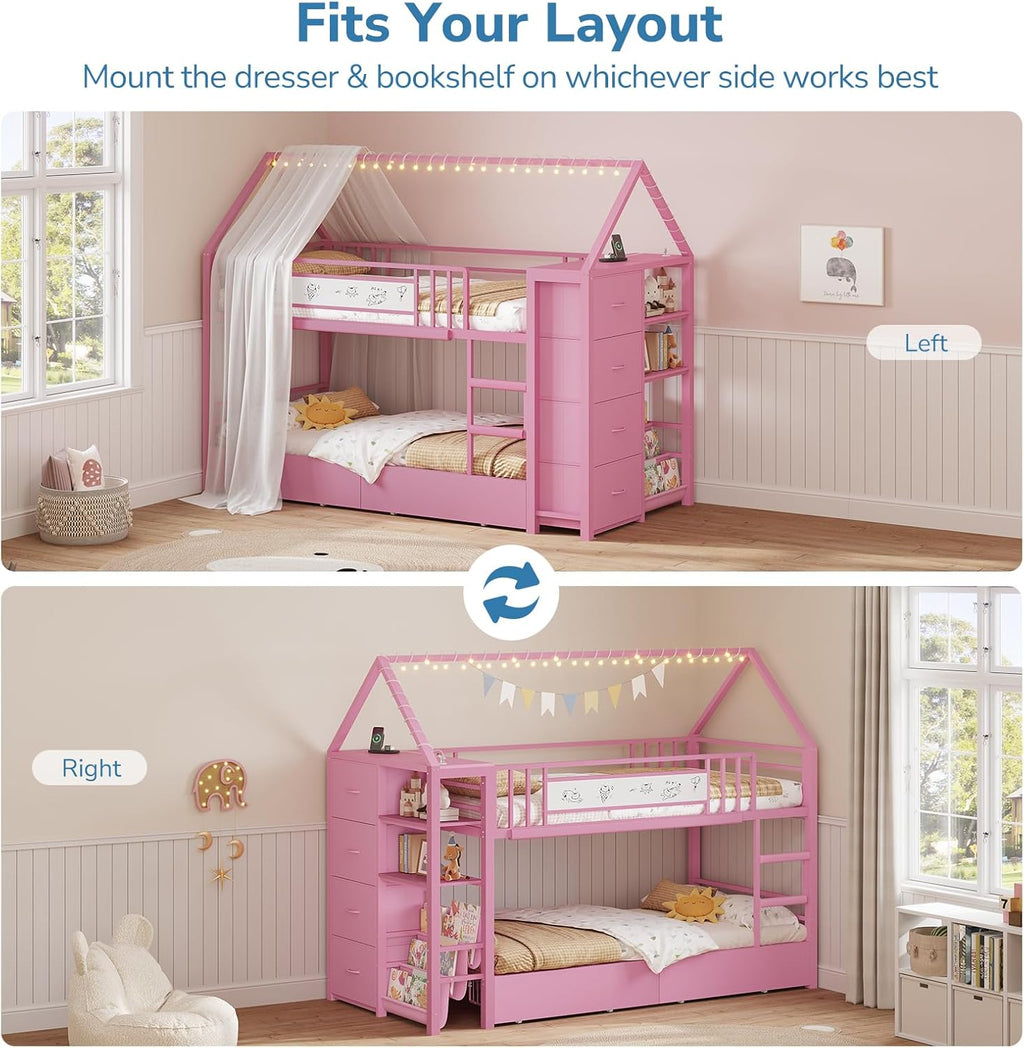 Twin Bunk Bed with Globe String Lights, 6 Storage Drawers, Charging Stations, Montessori Bookshelf, Open Shelf, Ladder and Guardrail