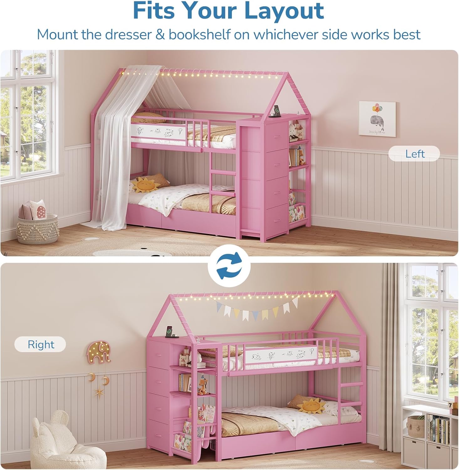 Twin Bunk Bed with Globe String Lights, 6 Storage Drawers, Charging Stations, Montessori Bookshelf, Open Shelf, Ladder and Guardrail