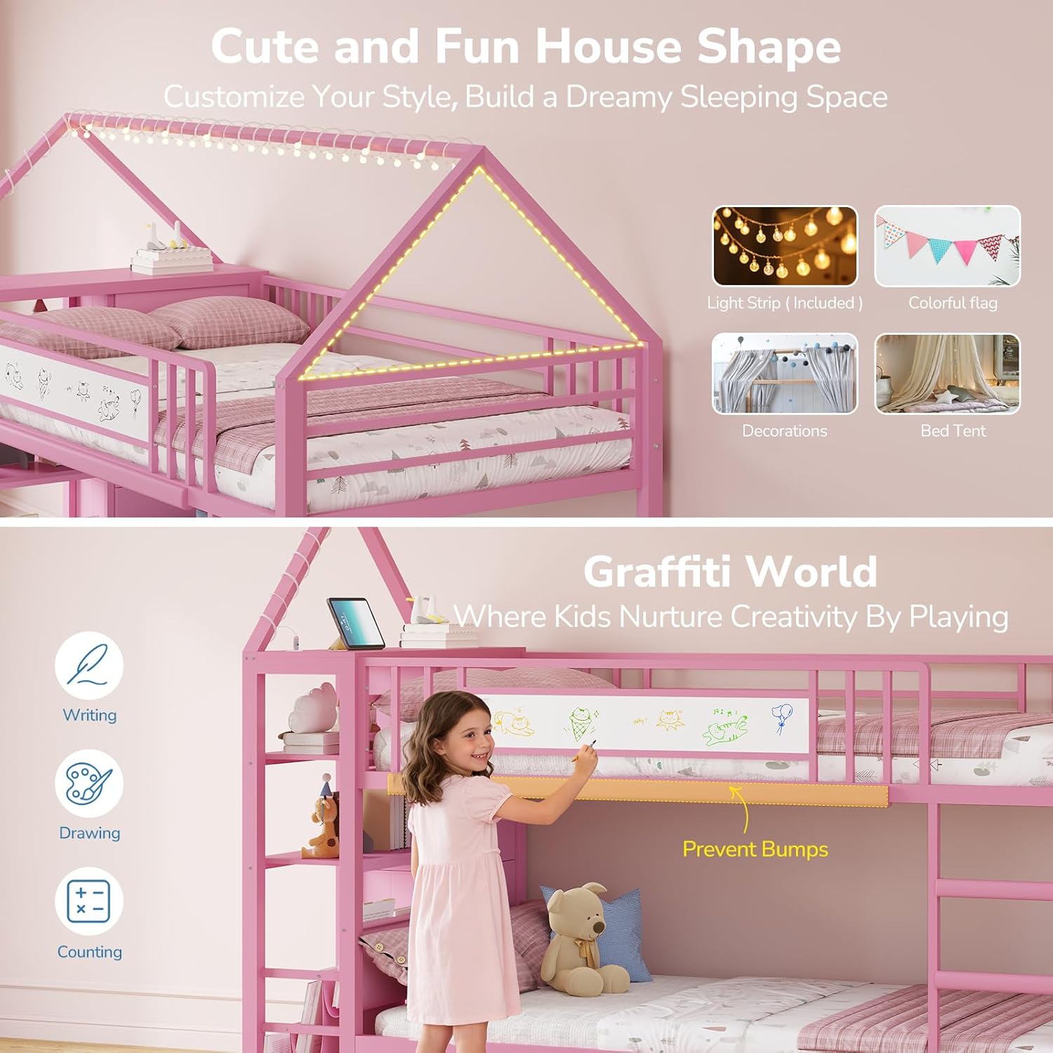 Twin Bunk Bed with Globe String Lights, 6 Storage Drawers, Charging Stations, Montessori Bookshelf, Open Shelf, Ladder and Guardrail
