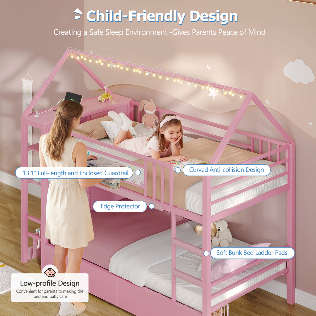 Twin Bunk Bed with Globe String Lights, 6 Storage Drawers, Charging Stations, Montessori Bookshelf, Open Shelf, Ladder and Guardrail