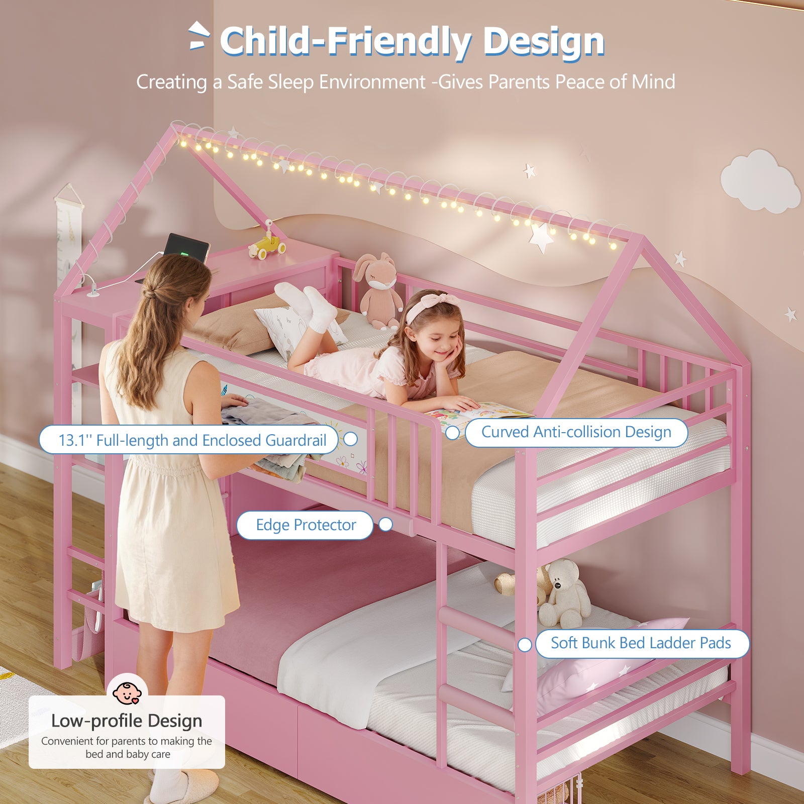 Twin Bunk Bed with Globe String Lights, 6 Storage Drawers, Charging Stations, Montessori Bookshelf, Open Shelf, Ladder and Guardrail