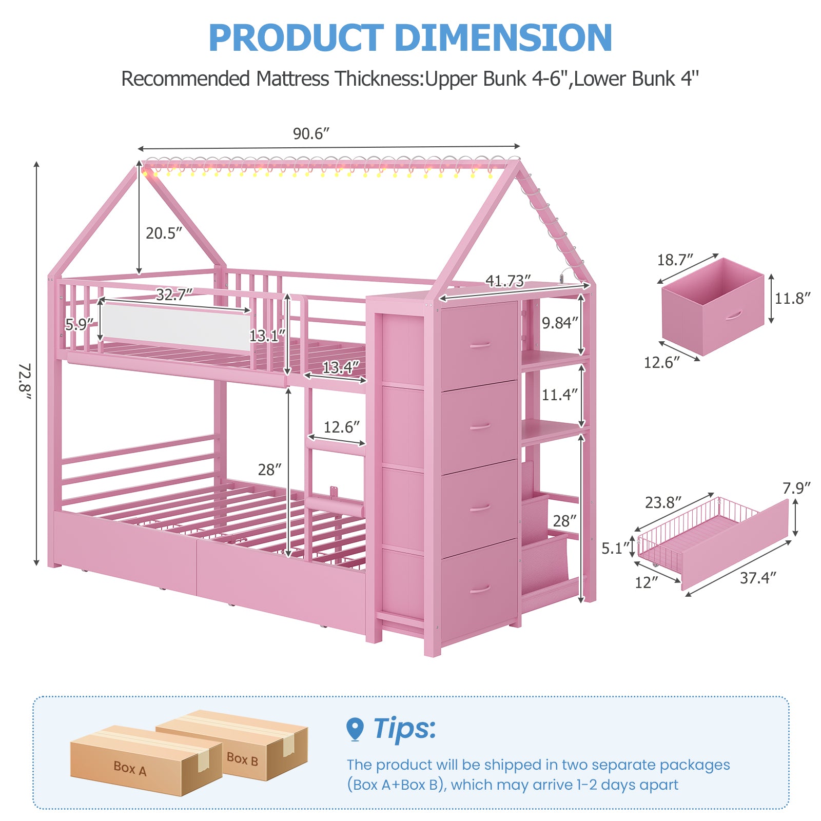 Twin Bunk Bed with Globe String Lights, 6 Storage Drawers, Charging Stations, Montessori Bookshelf, Open Shelf, Ladder and Guardrail