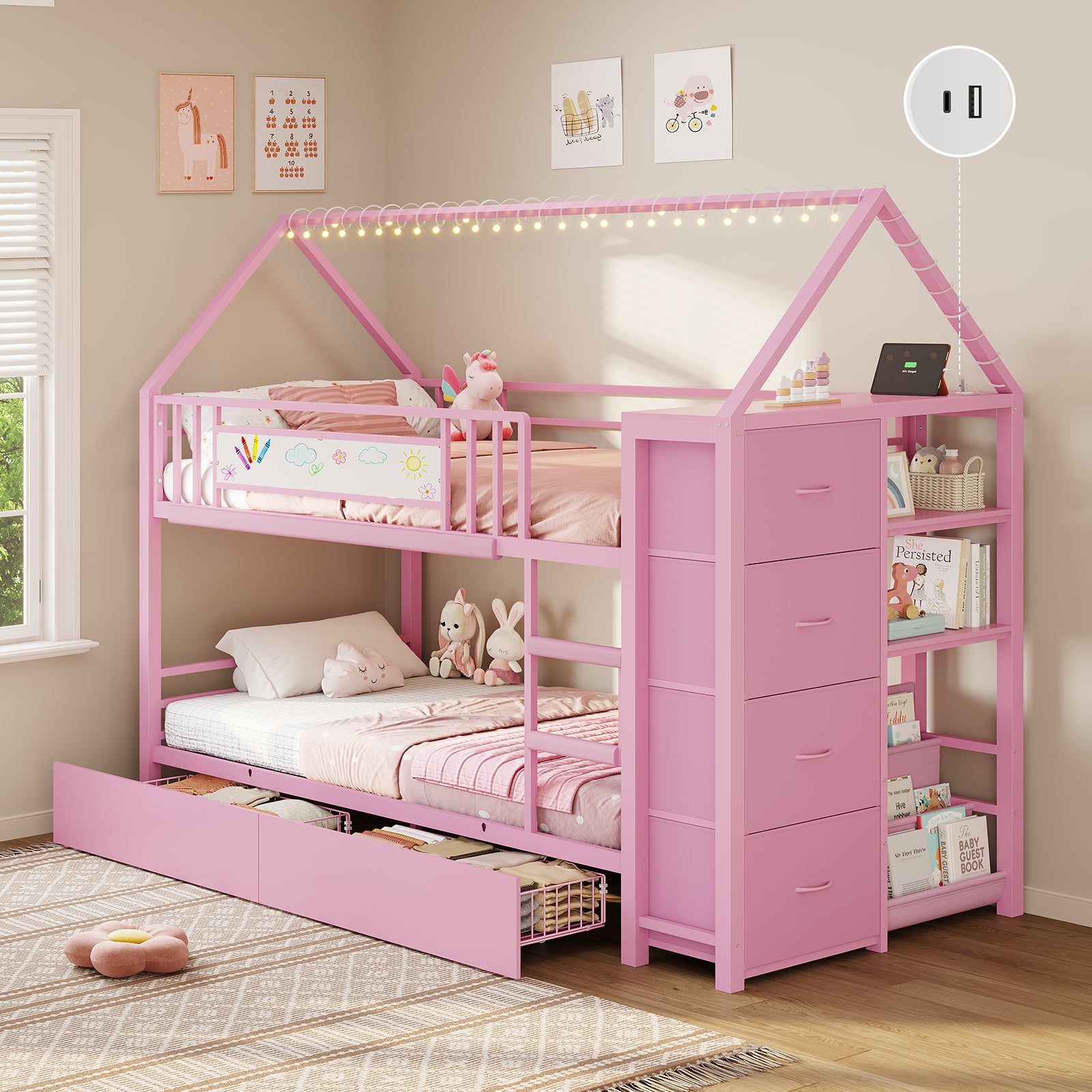 Twin Bunk Bed with Globe String Lights, 6 Storage Drawers, Charging Stations, Montessori Bookshelf, Open Shelf, Ladder and Guardrail